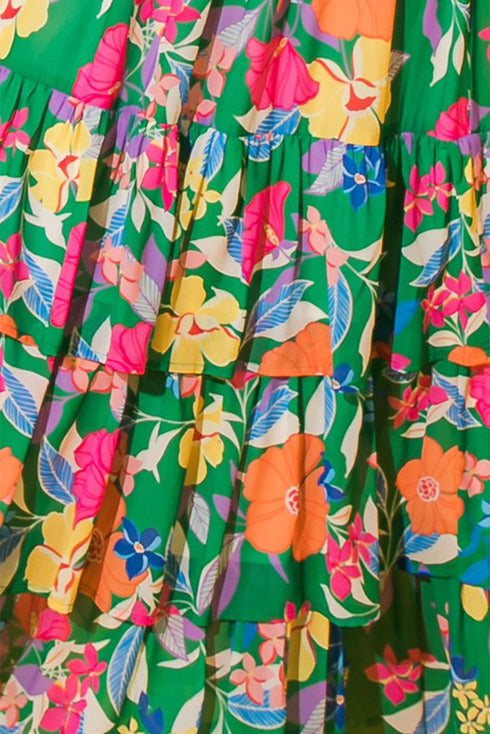 Tropical Print Flutter Sleeve Tiered Maxi Dress