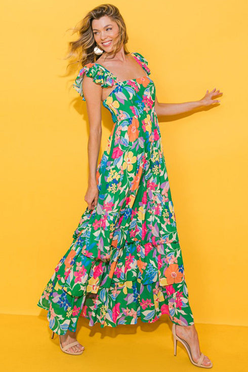 Tropical Print Flutter Sleeve Tiered Maxi Dress