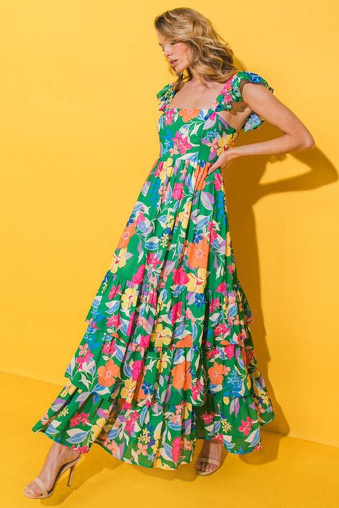 Tropical Print Flutter Sleeve Tiered Maxi Dress