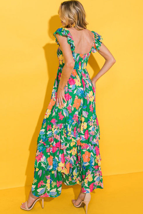 Tropical Print Flutter Sleeve Tiered Maxi Dress