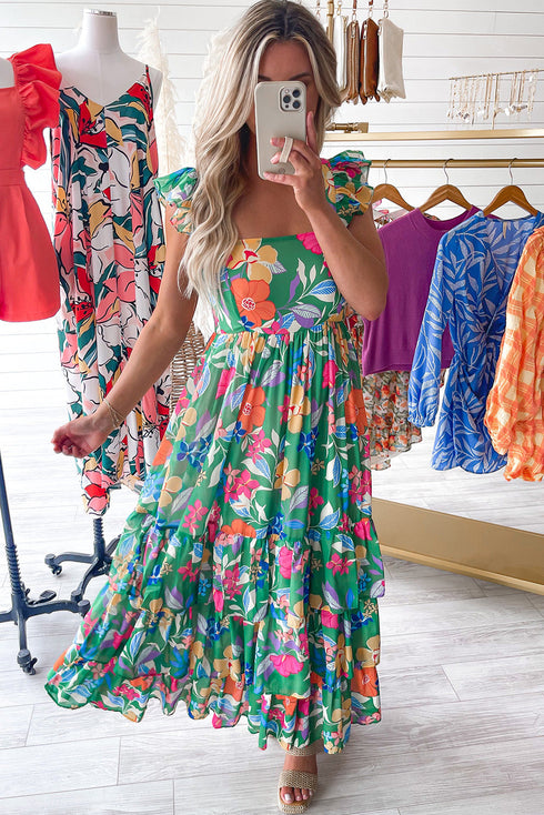 Tropical Print Flutter Sleeve Tiered Maxi Dress