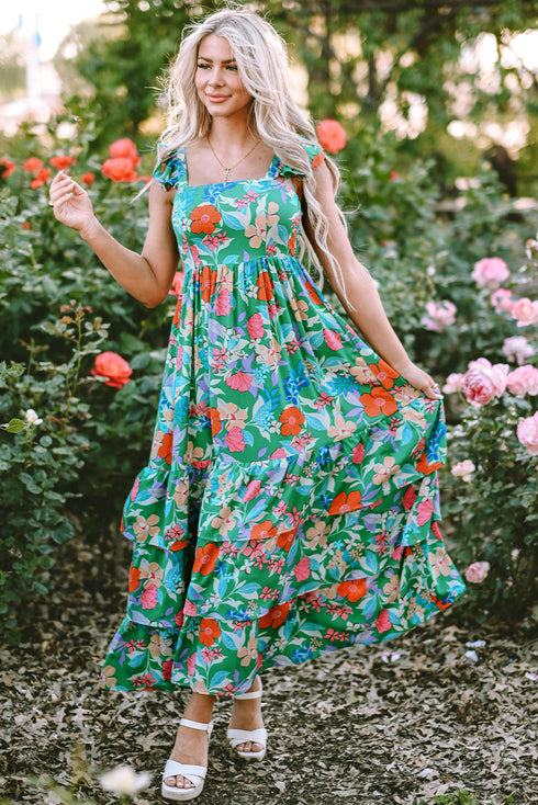 Tropical Print Flutter Sleeve Tiered Maxi Dress