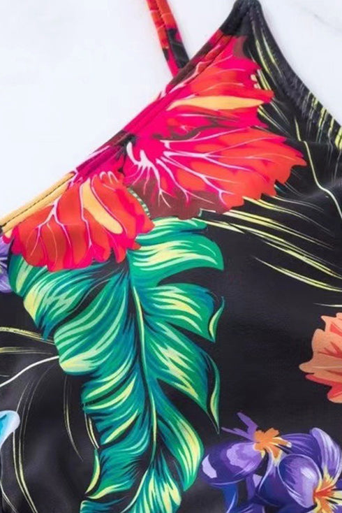 Tropical Print Wrap Style Tie Waist Swim Dress
