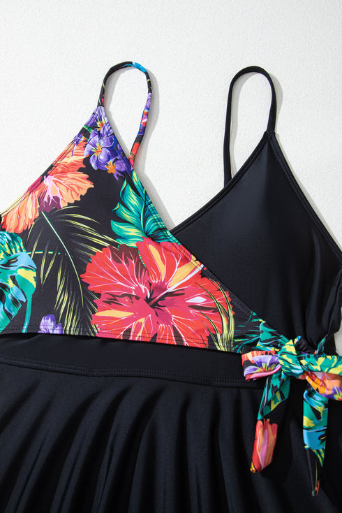 Tropical Print Wrap Style Tie Waist Swim Dress