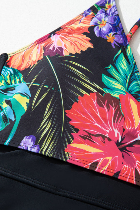 Tropical Print Wrap Style Tie Waist Swim Dress