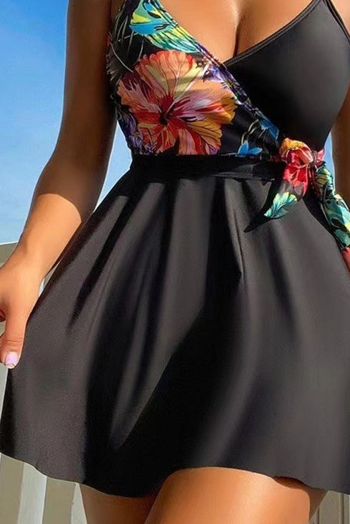 Tropical Print Wrap Style Tie Waist Swim Dress