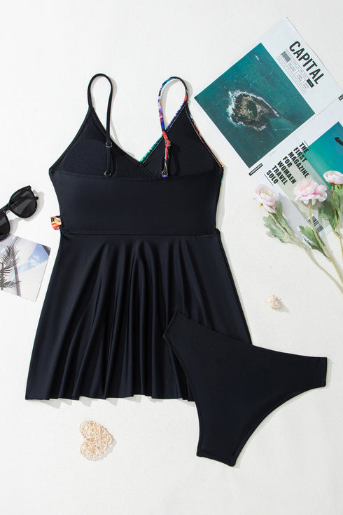 Tropical Print Wrap Style Tie Waist Swim Dress