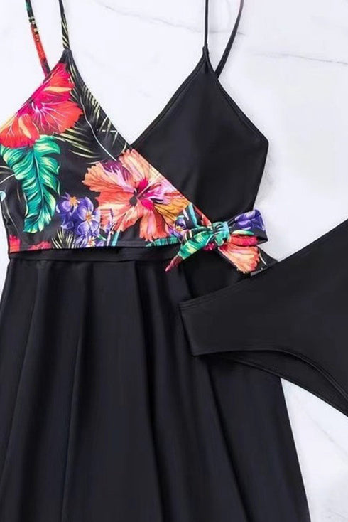 Tropical Print Wrap Style Tie Waist Swim Dress