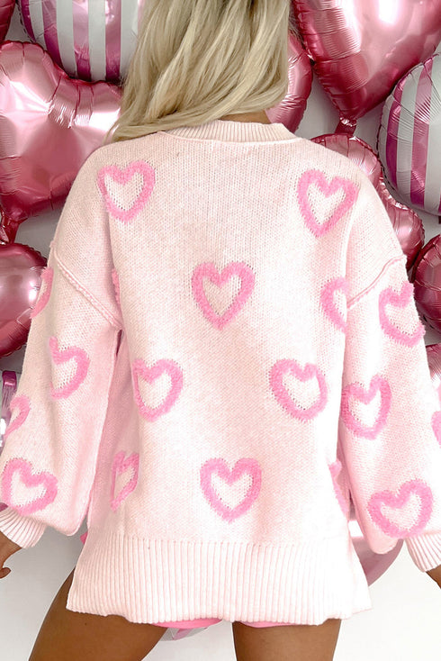 Tufted Heart Pattern Relaxed Fit Pullover Sweater