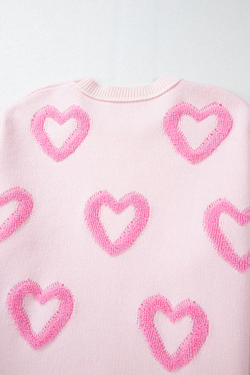Tufted Heart Pattern Relaxed Fit Pullover Sweater