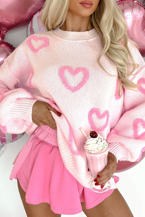 Tufted Heart Pattern Relaxed Fit Pullover Sweater
