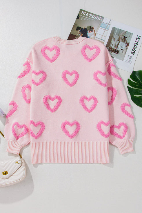 Tufted Heart Pattern Relaxed Fit Pullover Sweater