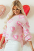 Tufted Heart Pattern Relaxed Fit Pullover Sweater