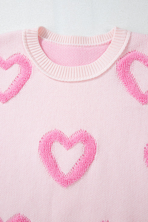 Tufted Heart Pattern Relaxed Fit Pullover Sweater