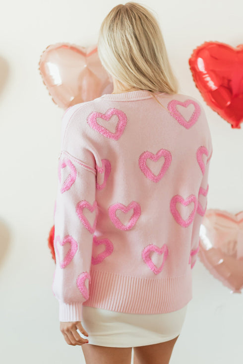 Tufted Heart Pattern Relaxed Fit Pullover Sweater
