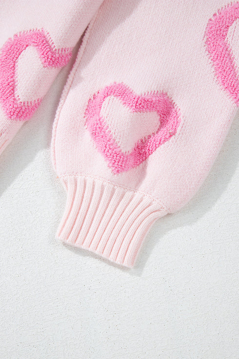 Tufted Heart Pattern Relaxed Fit Pullover Sweater