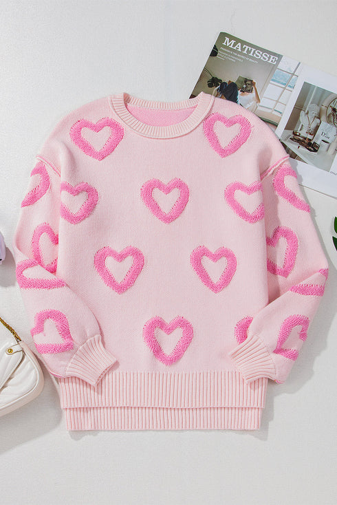 Tufted Heart Pattern Relaxed Fit Pullover Sweater