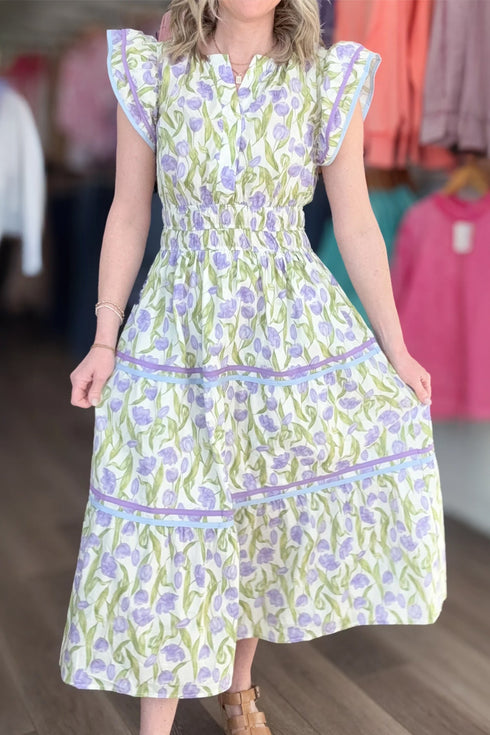 Tulip Floral Print Contrast Trim A Line Midi Dress