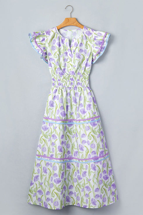 Tulip Floral Print Contrast Trim A Line Midi Dress