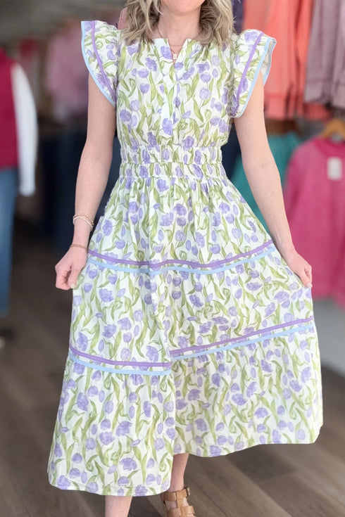 Tulip Floral Print Contrast Trim A Line Midi Dress