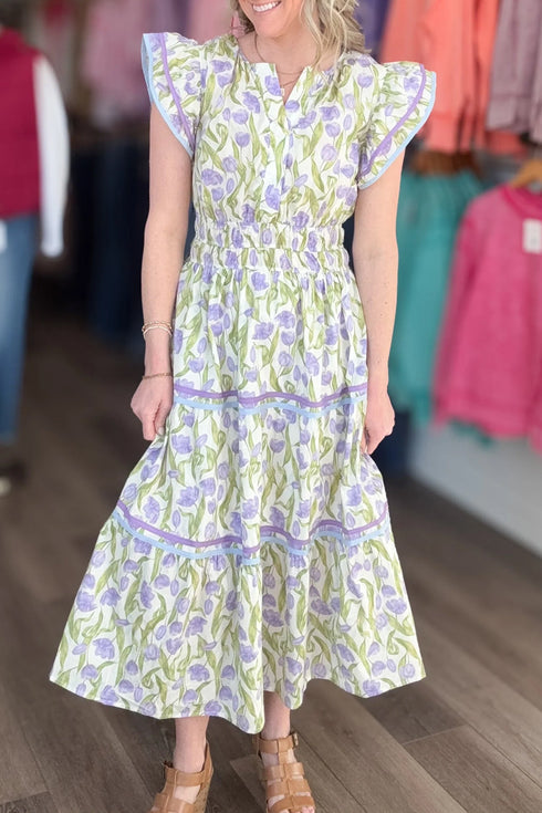 Tulip Floral Print Contrast Trim A Line Midi Dress