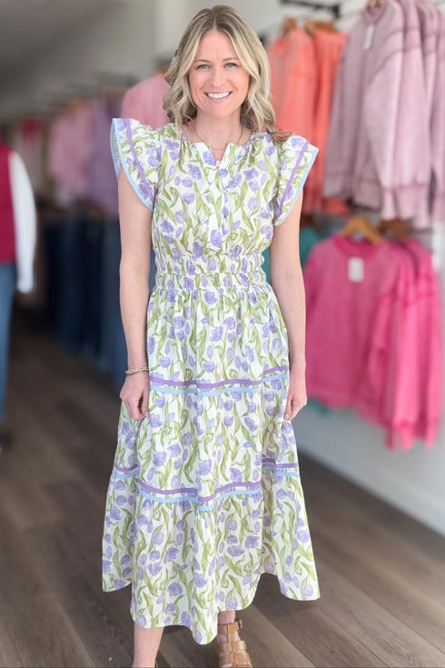 Tulip Floral Print Contrast Trim A Line Midi Dress
