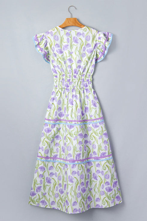 Tulip Floral Print Contrast Trim A Line Midi Dress