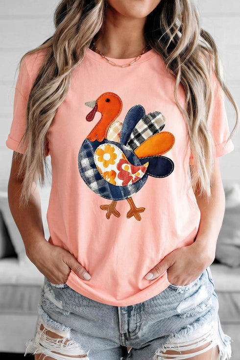 Turkey Applique Short Sleeve Round Neck Tee