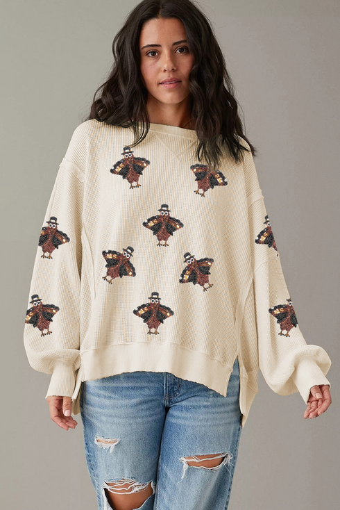 Turkey Print Waffle Knit Split Hem Pullover Sweatshirt