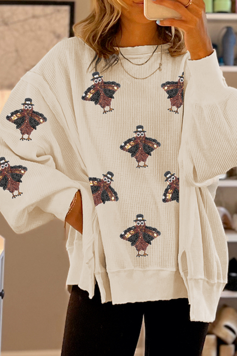 Turkey Print Waffle Knit Split Hem Pullover Sweatshirt