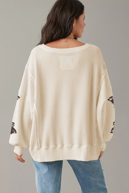 Turkey Print Waffle Knit Split Hem Pullover Sweatshirt