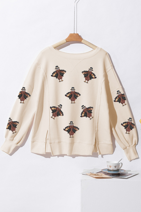 Turkey Print Waffle Knit Split Hem Pullover Sweatshirt