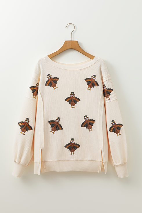 Turkey Print Waffle Knit Split Hem Pullover Sweatshirt