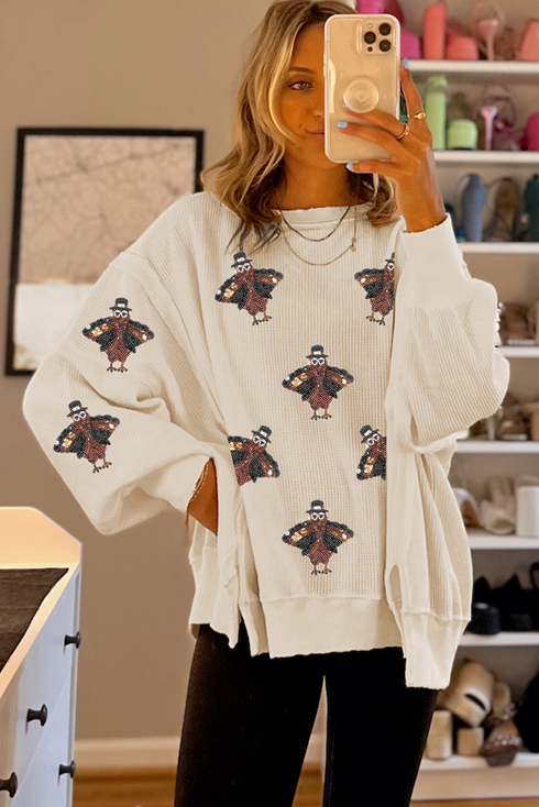 Turkey Print Waffle Knit Split Hem Pullover Sweatshirt