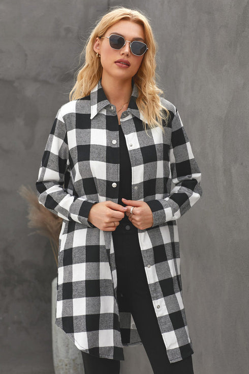 Turn-Down Collar Plaid Shirt Coat