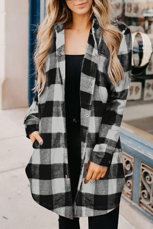 Turn-Down Collar Plaid Shirt Coat