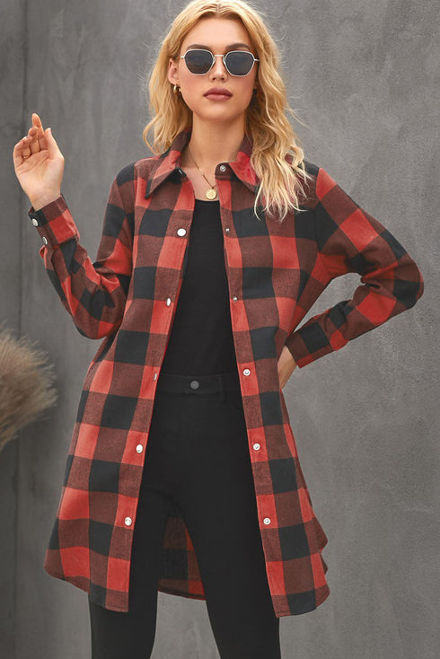 Turn-Down Collar Plaid Shirt Coat