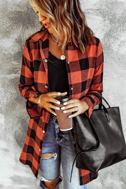 Turn-Down Collar Plaid Shirt Coat