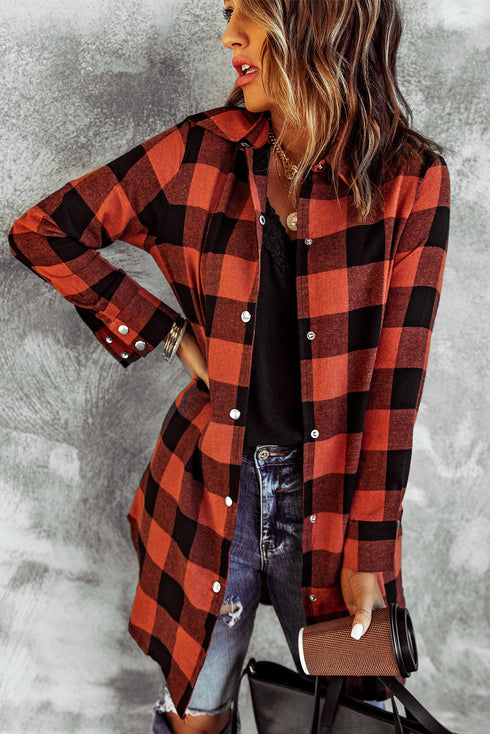 Turn-Down Collar Plaid Shirt Coat