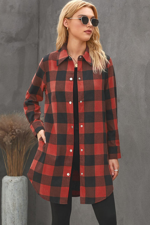 Turn-Down Collar Plaid Shirt Coat
