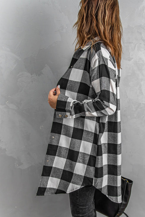 Turn-Down Collar Plaid Shirt Coat