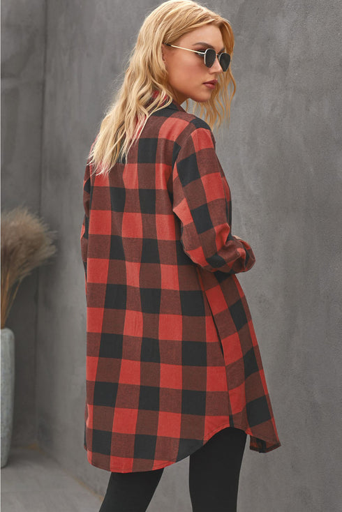 Turn-Down Collar Plaid Shirt Coat