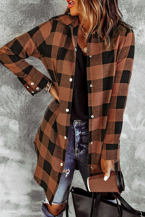 Turn-Down Collar Plaid Shirt Coat