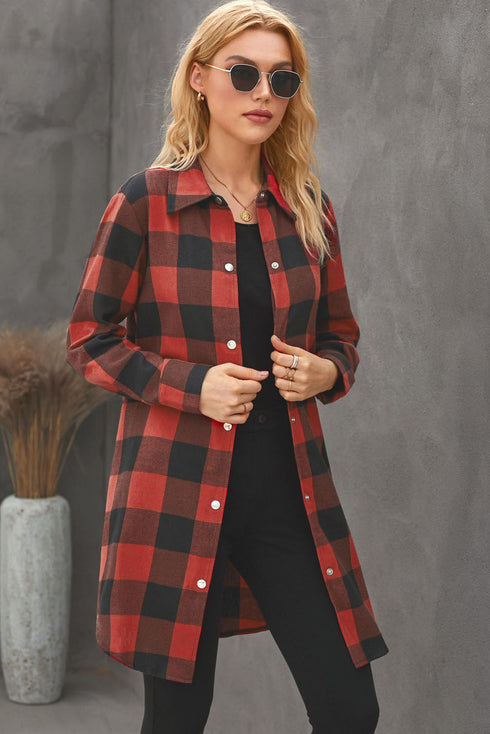 Turn-Down Collar Plaid Shirt Coat