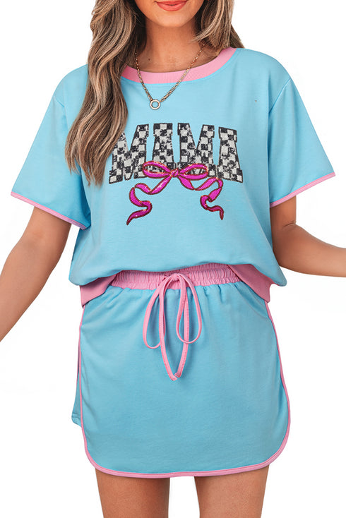 Turquoise MAMA Bow Patched Graphic Contrast Trim Tee and Mini Skirt Set