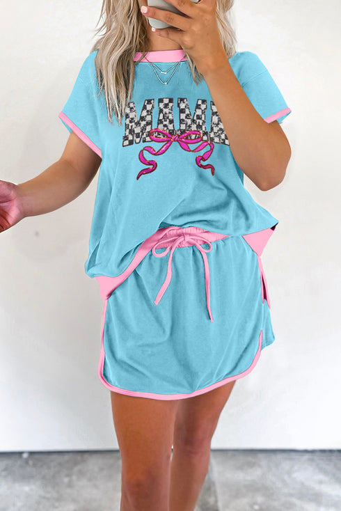 Turquoise MAMA Bow Patched Graphic Contrast Trim Tee and Mini Skirt Set