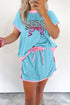 Turquoise MAMA Bow Patched Graphic Contrast Trim Tee and Mini Skirt Set