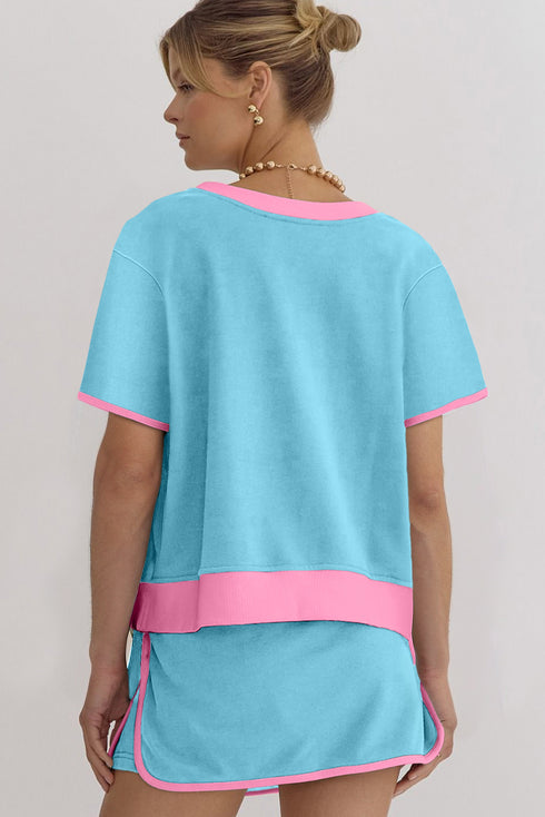 Turquoise MAMA Bow Patched Graphic Contrast Trim Tee and Mini Skirt Set