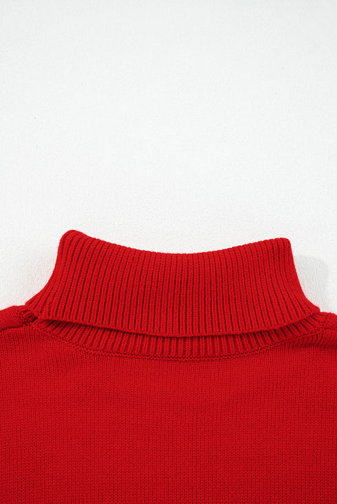 Turtleneck Merry Letter Snowflake Intarsia Rib Trim Knit Sweater