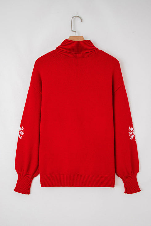 Turtleneck Merry Letter Snowflake Intarsia Rib Trim Knit Sweater